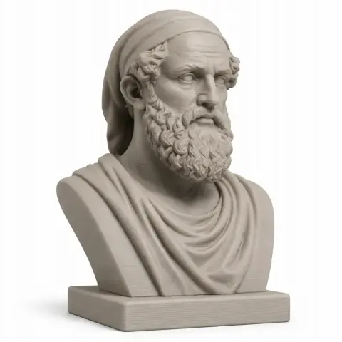 Bust of a historical bearded male figure with a headscarf, draped clothing on a rectangular base.