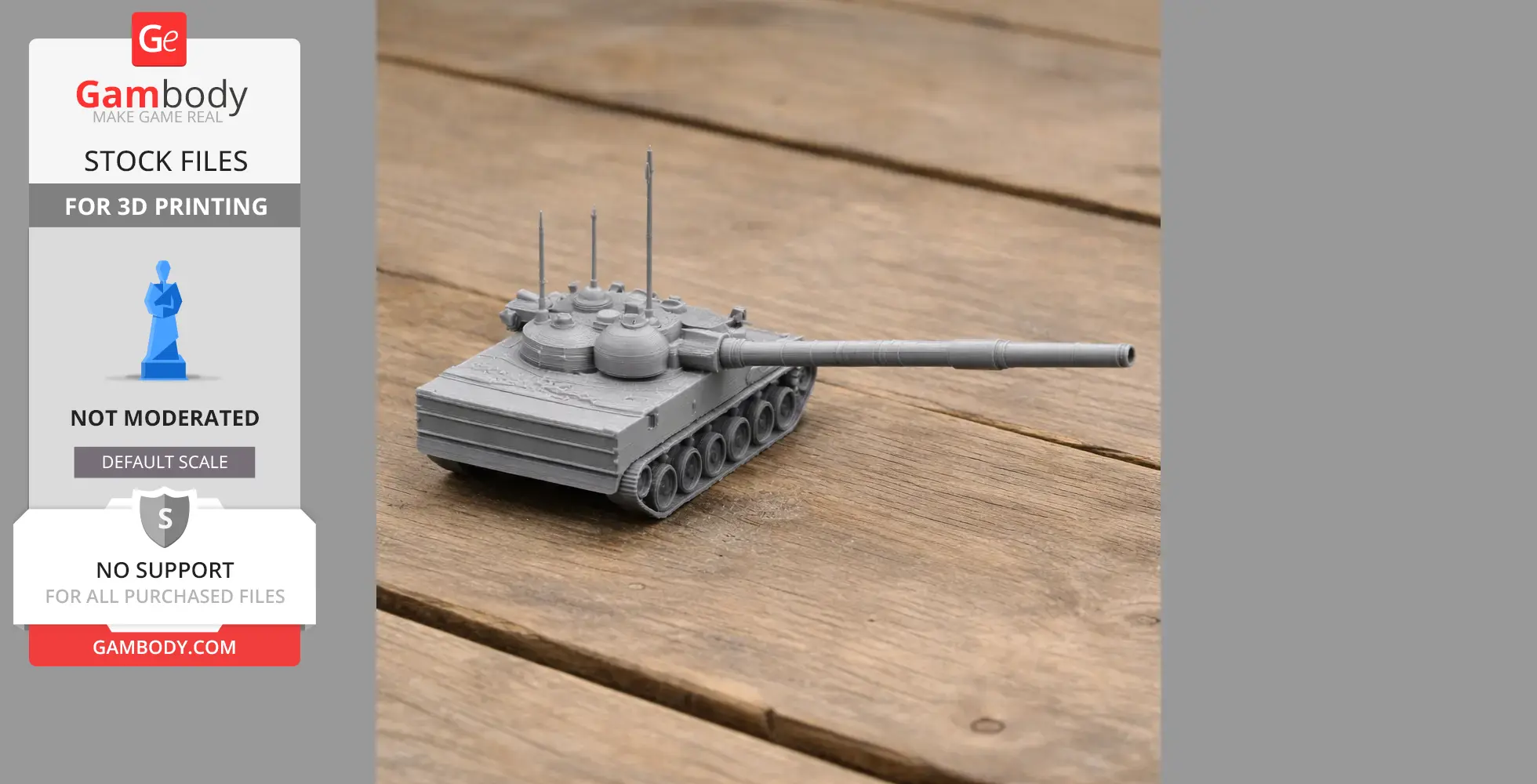 Gray 3D-printed model of 2S25 Sprut-SD tank on wooden surface.