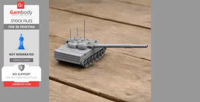 Gray 3D-printed model of 2S25 Sprut-SD tank on wooden surface.