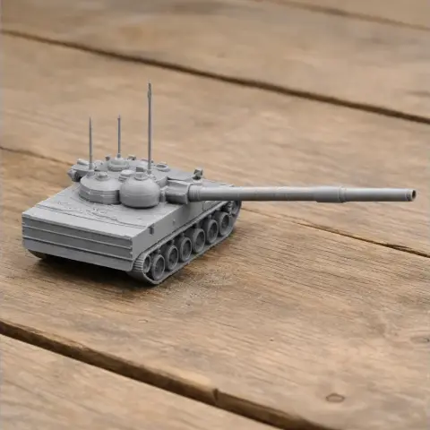 Gray 3D printed model of a 2S25 Sprut-SD tank on a wooden surface.