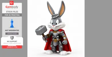 Cartoon rabbit in superhero armor holding a hammer, inspired by Thor.