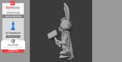 Bugs Bunny-Thor mashup figure holding a hammer, wearing a cape and helmet, designed for 3D printing.