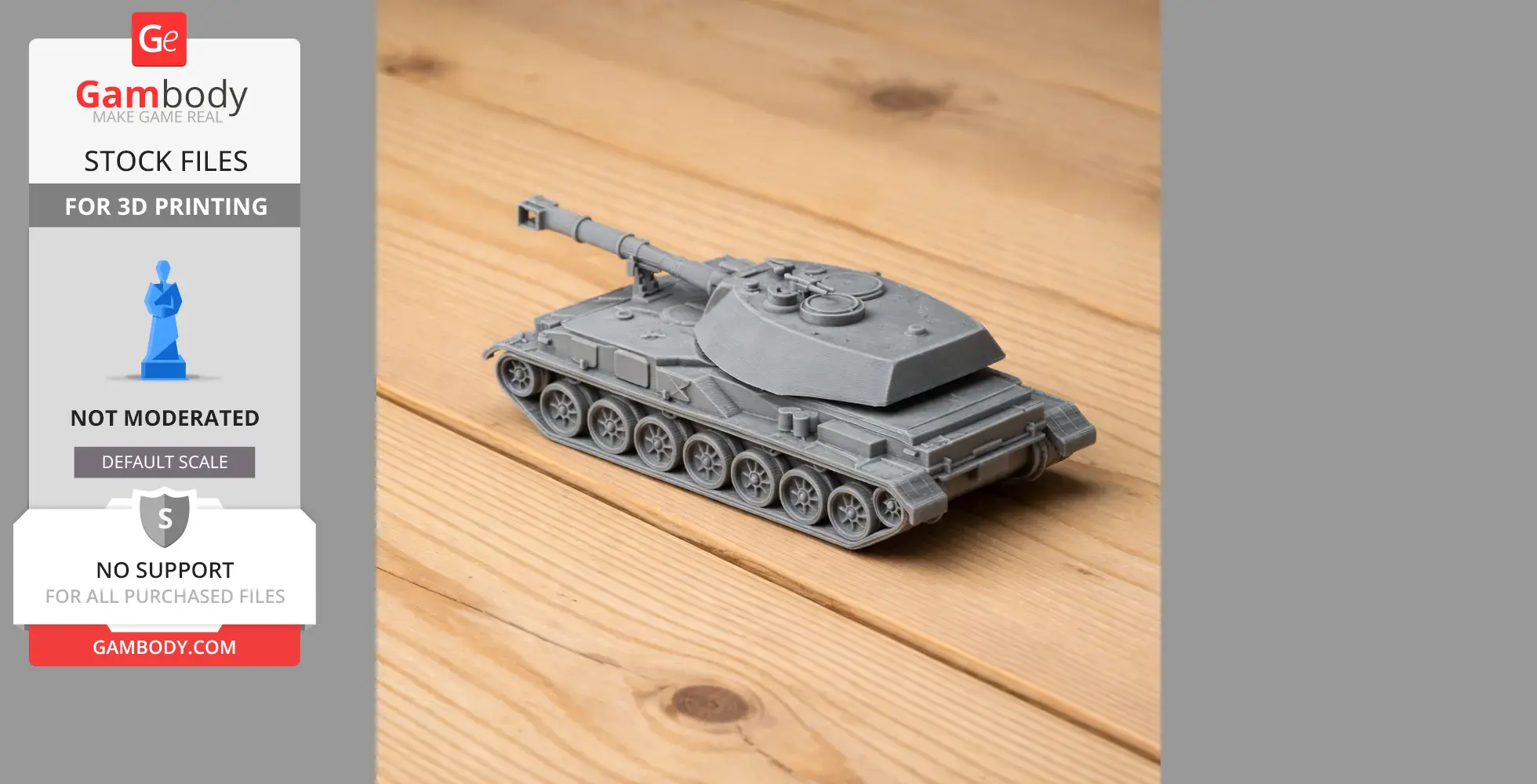 Gray 3D-printed model of a 2S3 Akatsiya tank on a wooden surface.