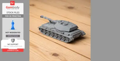 Gray 3D-printed model of a 2S3 Akatsiya tank on a wooden surface.