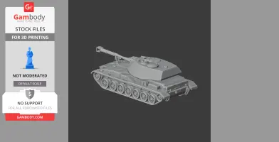 3D model of a detailed tank with a long barrel and six wheels on each side for printing.