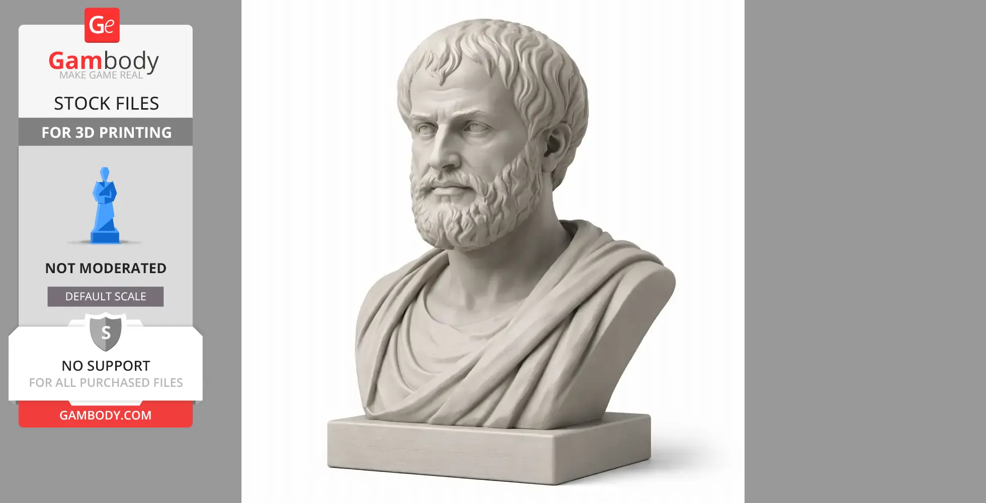 A detailed 3D printable bust of a bearded man in ancient attire on a square base.