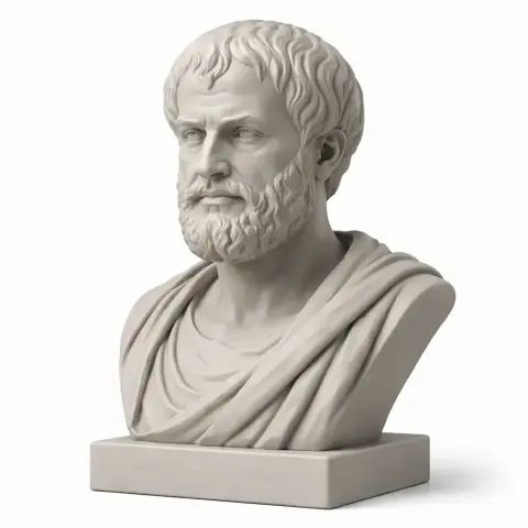 Bust of a bearded man in classical attire on a rectangular base, resembling a historical philosopher.