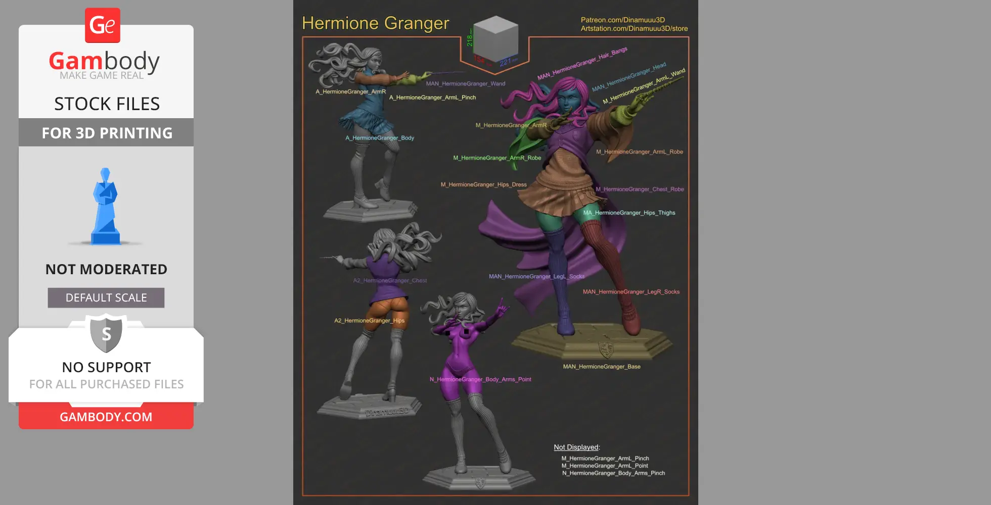 3D models of a character casting a spell, with labeled parts for printing, from various angles.