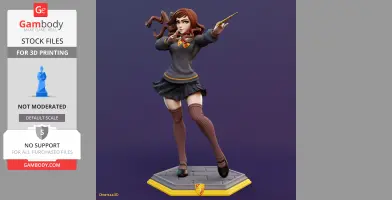 A 3D model of a young female wizard with a wand, wearing a school uniform, standing on a decorative base.
