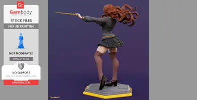 A 3D model of a young witch with flowing hair, holding a wand, standing on a decorative base.