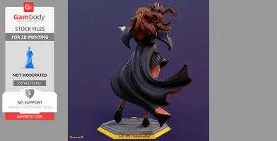 A dynamic 3D model of a robed figure with flowing hair, pointing, on a hexagonal base.