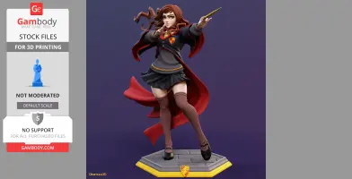 A 3D model of a witch with a wand in dynamic pose, wearing a school uniform and red cloak on a base.