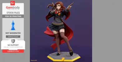 A 3D model of a witch in a school uniform, holding a wand, standing on a hexagonal base.