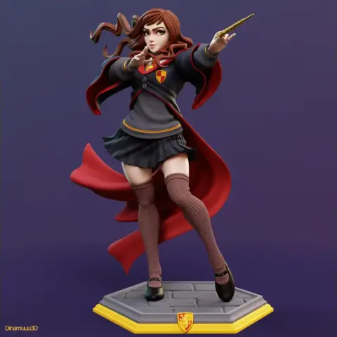 Female character in school uniform with a wand, standing on a base with a flowing red cape.