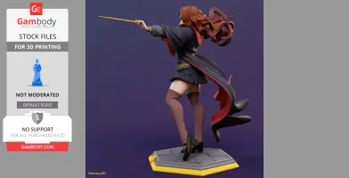 3D model of a character in a dynamic pose with wand, long hair, robe, and knee-high socks on a decorative base.