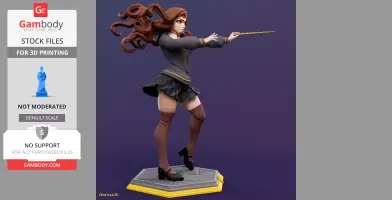 A stylized female character in a dynamic pose with flowing hair, holding a wand, on a decorative base.