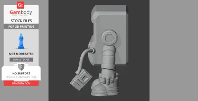 3D model of a retro gaming character with blocky design and robotic arm, ready for printing.