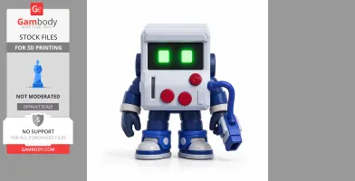 A blocky robot character with glowing green eyes and blue limbs, resembling an arcade game console.