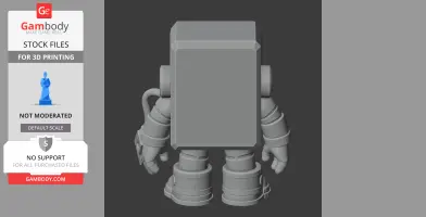 Robotic character figurine with a boxy head, tube arms, and large circular feet, designed for 3D printing.