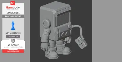 Robot-like 3D model with a boxy head, buttons on chest, and plug-like arm extension.