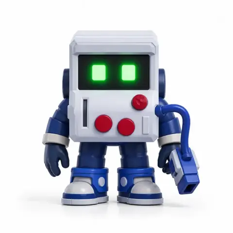 Cute robot figurine with square head, green eyes, and blue limbs, inspired by 8-bit video game style.