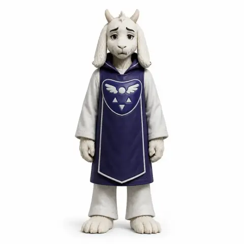 A goat-like character in a robe with a winged emblem stands upright, showing a gentle expression.