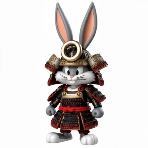 Bugs Bunny in samurai armor with a ring on his helmet, ready for 3D printing.