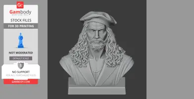 Bust of a historical warrior with long curly hair, a beard, and a beret, designed for 3D printing.