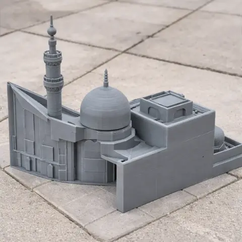 3D-printed Ablaq Palace model with domes and minaret, showcasing intricate architectural details.