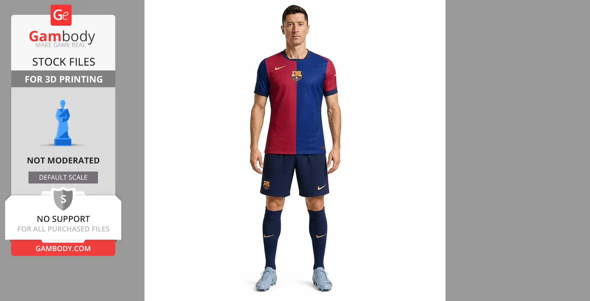 A person in a red and blue soccer uniform, standing with arms at their sides, wearing blue socks and shoes.