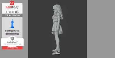 Side view of a female character figurine with long hair, wearing a dress and boots.