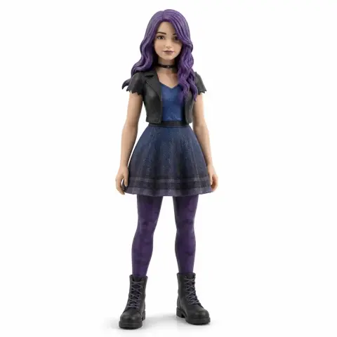 A female figurine with purple hair, wearing a black jacket, blue dress, and boots, inspired by Stardew Valley.