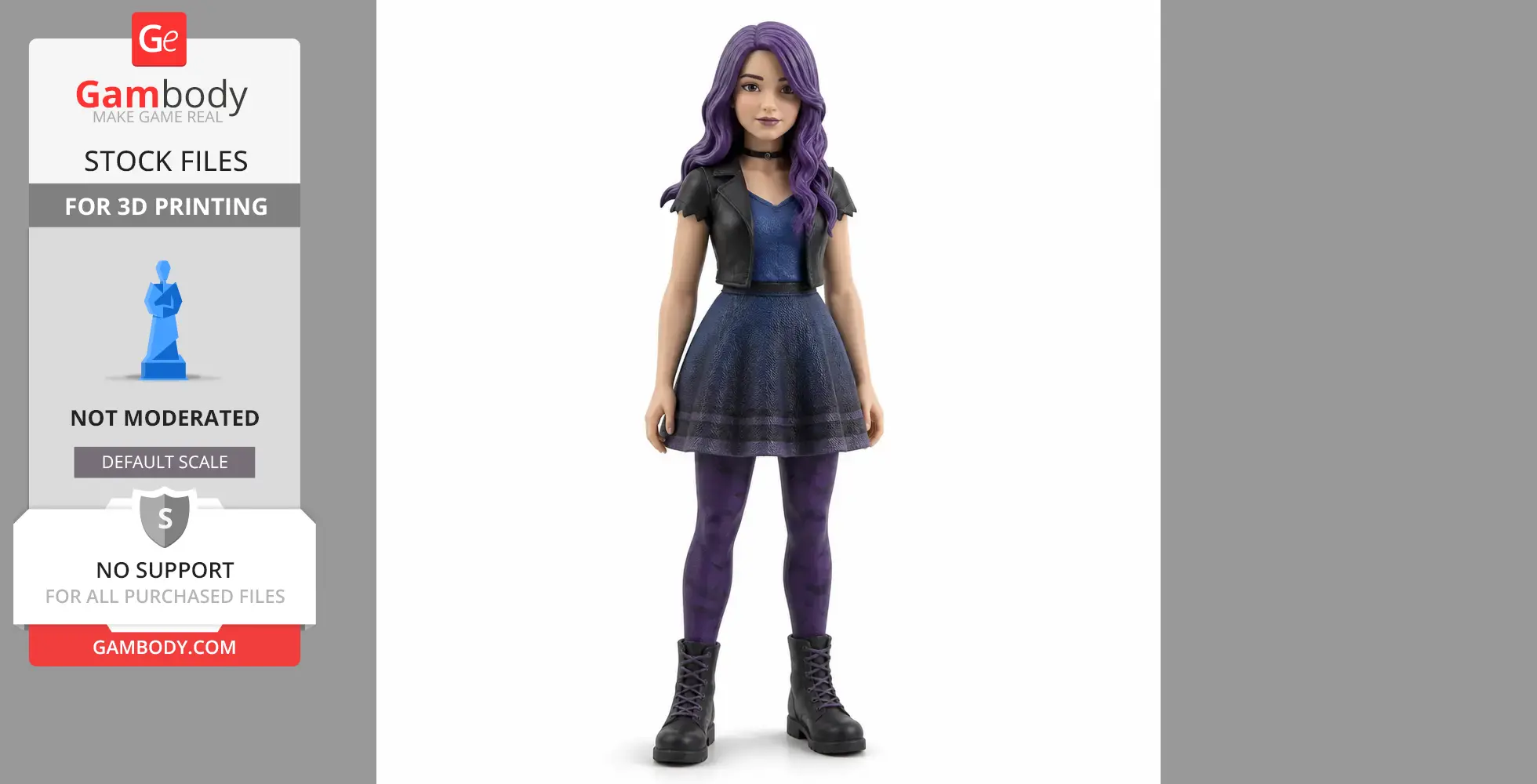 A 3D printable figure of a character with purple hair, wearing a blue dress, jacket, and boots.