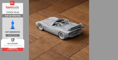 3D-printed Abarth 2000 Sport model car on a wooden surface, showcasing detailed design and structure.