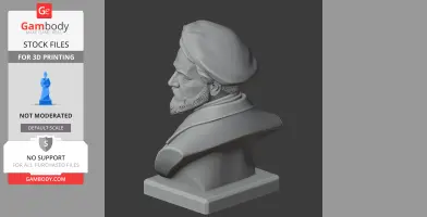 Bust of a bearded man in a beret, viewed from the side, on a square base for 3D printing.
