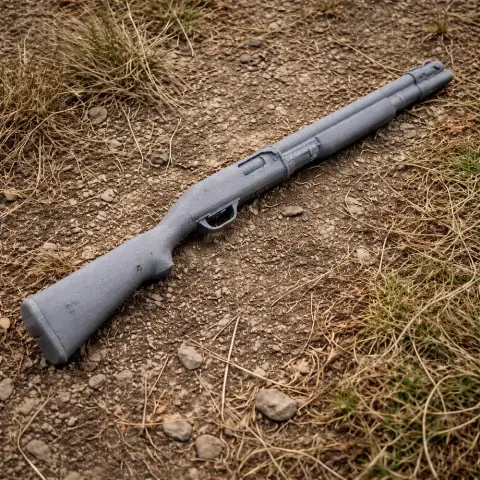 A realistic gray 3D-printed Baikal MP-27 shotgun prop lying on dirt and grass.