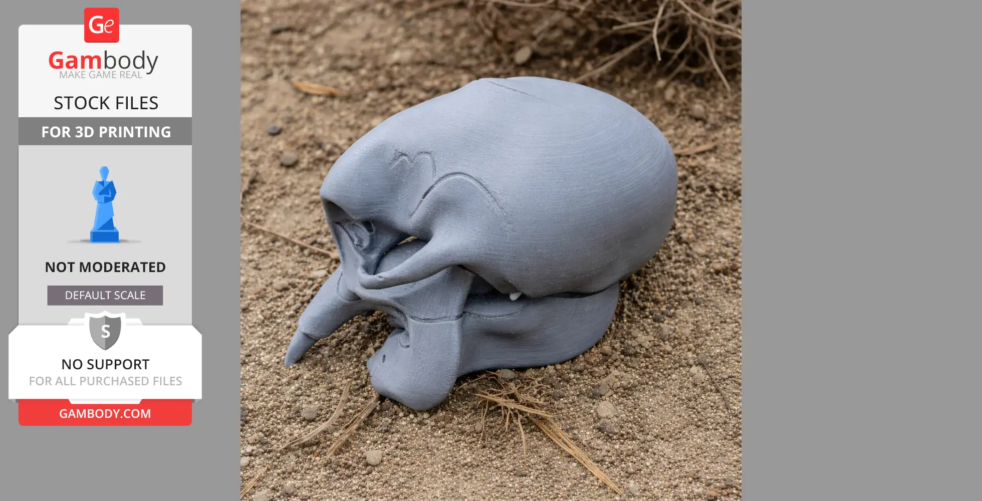 3D-printed African elephant skull replica on sandy ground.