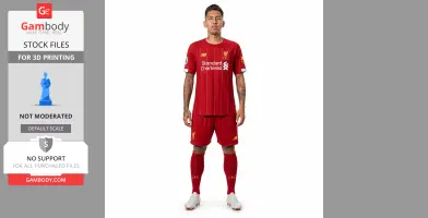 A figurine in a red soccer jersey, standing with arms at sides, ready for 3D printing.