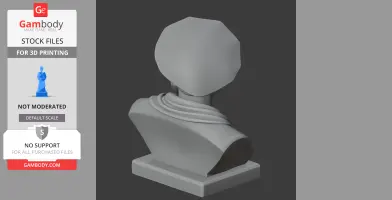 3D model of a bust with a rounded hat, draped clothing, back view on a display stand.