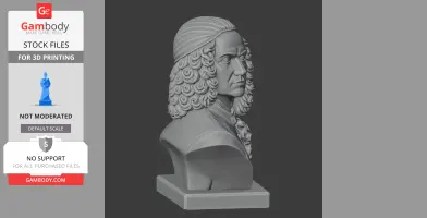 3D model of a historical bust with intricate curled hair and formal attire, on a pedestal base.