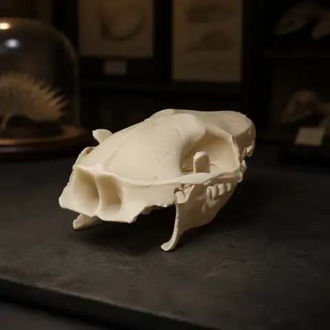 3D printed African Pygmy Hedgehog skull replica displayed on a dark surface.