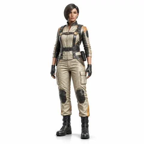 A realistic 3D model of a woman in a utility jumpsuit and boots, standing confidently with short hair.