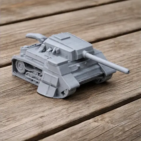 3D printed model of a 1942 Romanian medium tank on a wooden surface.