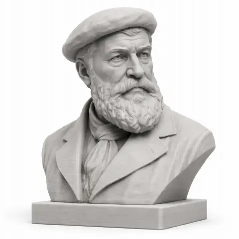 A detailed 3D-printed bust of a bearded man in a beret and suit, mounted on a rectangular base.