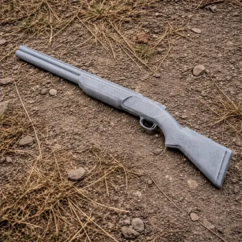 A detailed 3D-printed shotgun prop lies on a rocky ground with dry grass.