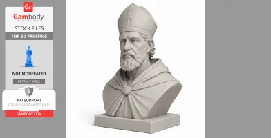 Bust of bearded man in a bishop's hat and cloak, featured on a square base for 3D printing.