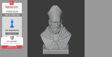 A detailed bust of a bearded man in a bishop's mitre, with a decorative cloak, on a pedestal.