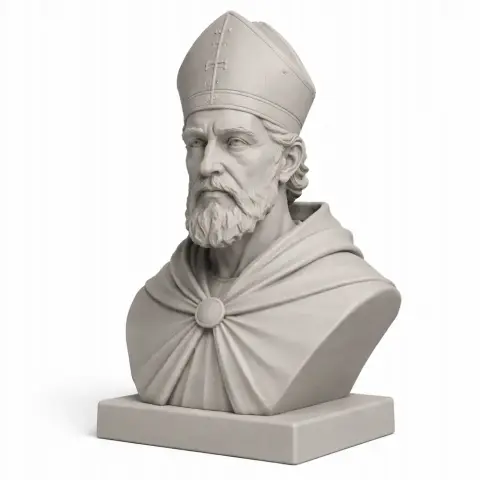 Bust of bearded man in bishop attire with a mitre on a pedestal, suitable for 3D printing.