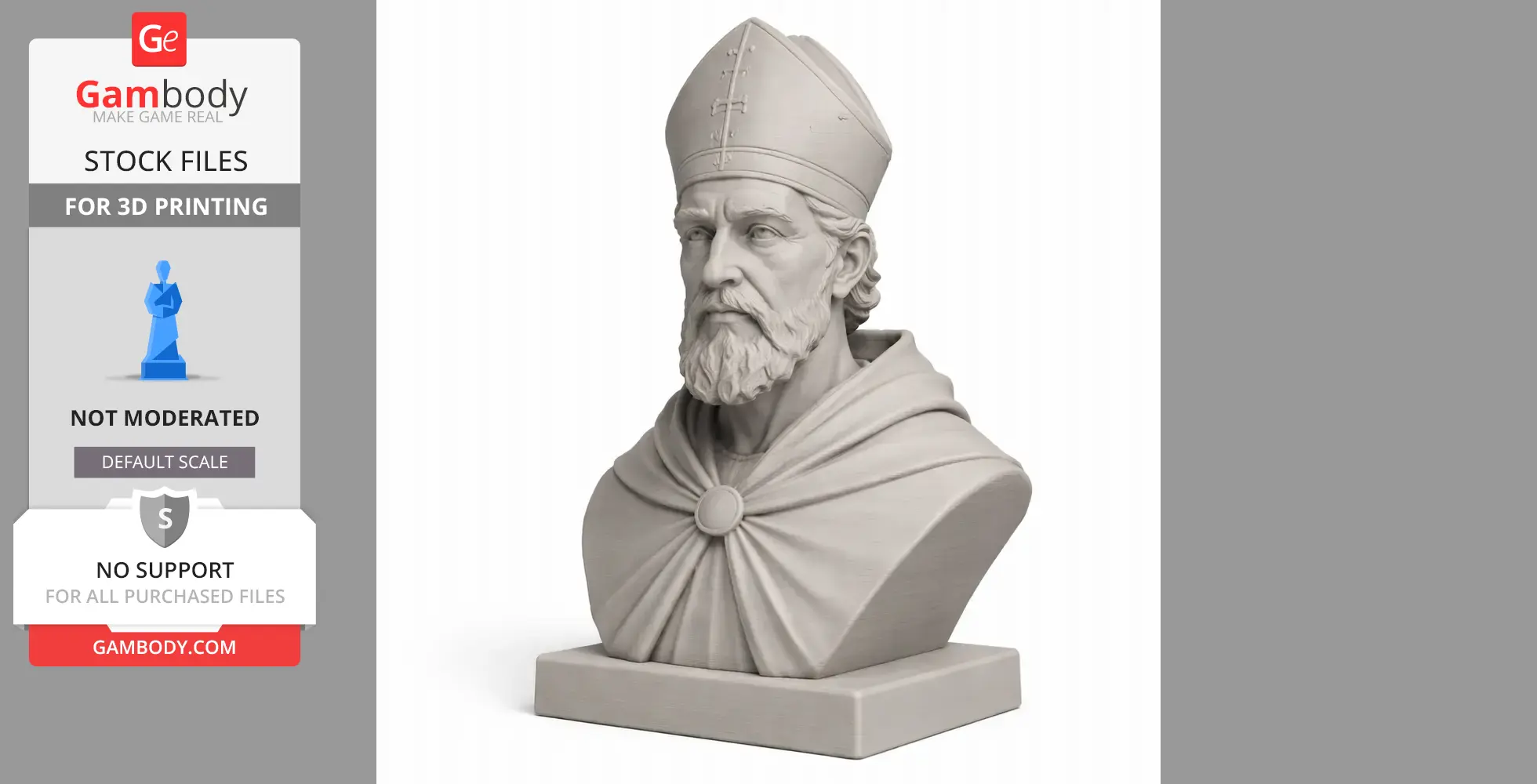 Bust of bearded man in a bishop's hat and cloak, featured on a square base for 3D printing.