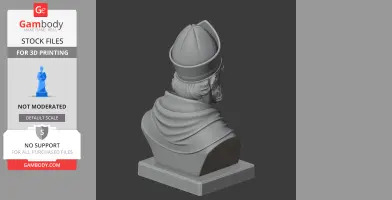 Bust of a historical figure with a cloak and hat on a pedestal, viewed from the back.